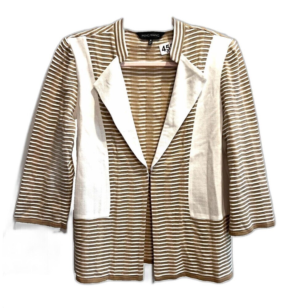 Ming Wang Womens Brown Cardigan M Pique Striped Knit V Neck Preppy 3/4 Sleeve